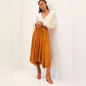 Anthropologie Size Small NWT Mustard Asymmetrical Flowy Silky Feel Maxi Skirt.